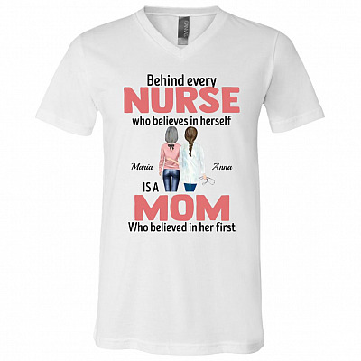 Personalized Behind Every Nurse, White, V-Neck T-Shirt