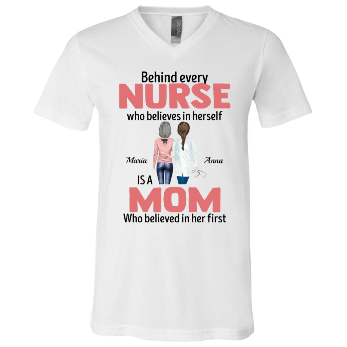 Personalized Behind Every Nurse, White, V-Neck T-Shirt