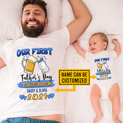 Alternative view of Personalized Our First Father's Day Together 2021 Baby Bottle And Beer Matching Dad And Baby Onesie - Infant Bodysuit