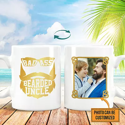Personalized Photo Badass Bearded Uncle Ceramic Coffee Mug - Beer Stein - Water Bottle - Color Changing Mug