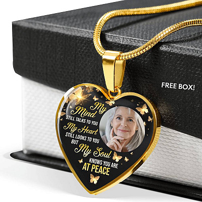 Personalized Photo My Mind Still Talks to You Memorial Butterfly Heart Pendant Necklace - Bangle