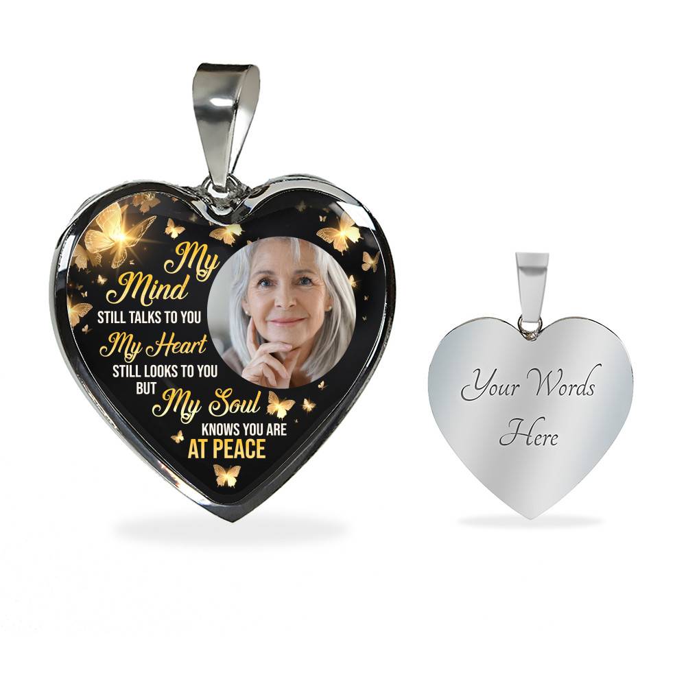 Personalized Photo My Mind Still Talks to You Memorial Butterfly Heart Pendant Necklace - Bangle