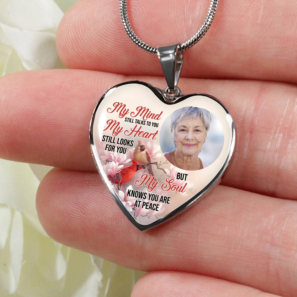 Personalized Photo My Mind Still Talks to You Memorial Cardinal Heart Pendant Necklace - Bangle