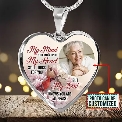 Alternative view of Personalized Photo My Mind Still Talks to You Memorial Cardinal Heart Pendant Necklace - Bangle