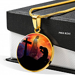 Men Kneeling Before Jesus Cross Christian Circle Pendant Necklace - Bangle