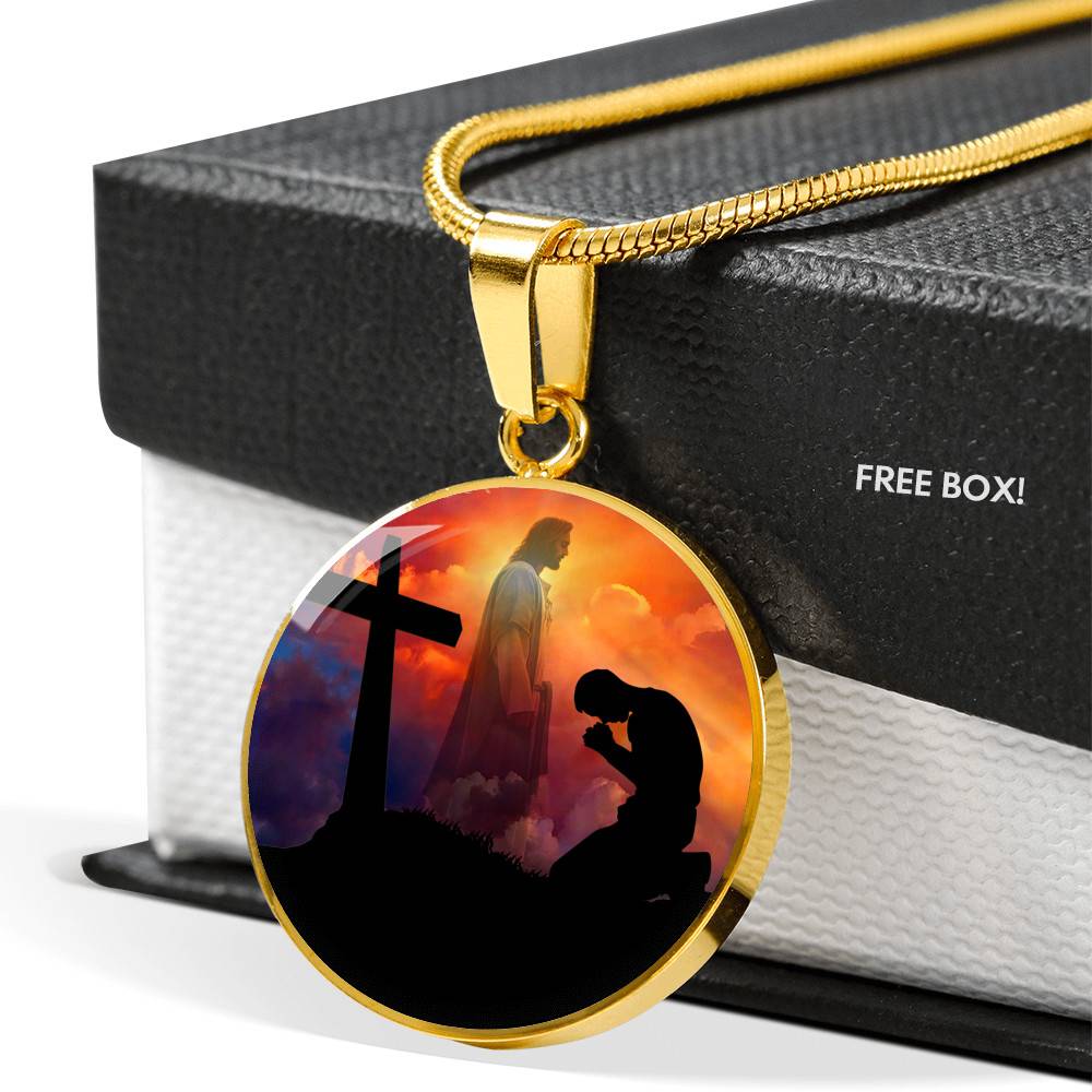 Men Kneeling Before Jesus Cross Christian Circle Pendant Necklace - Bangle