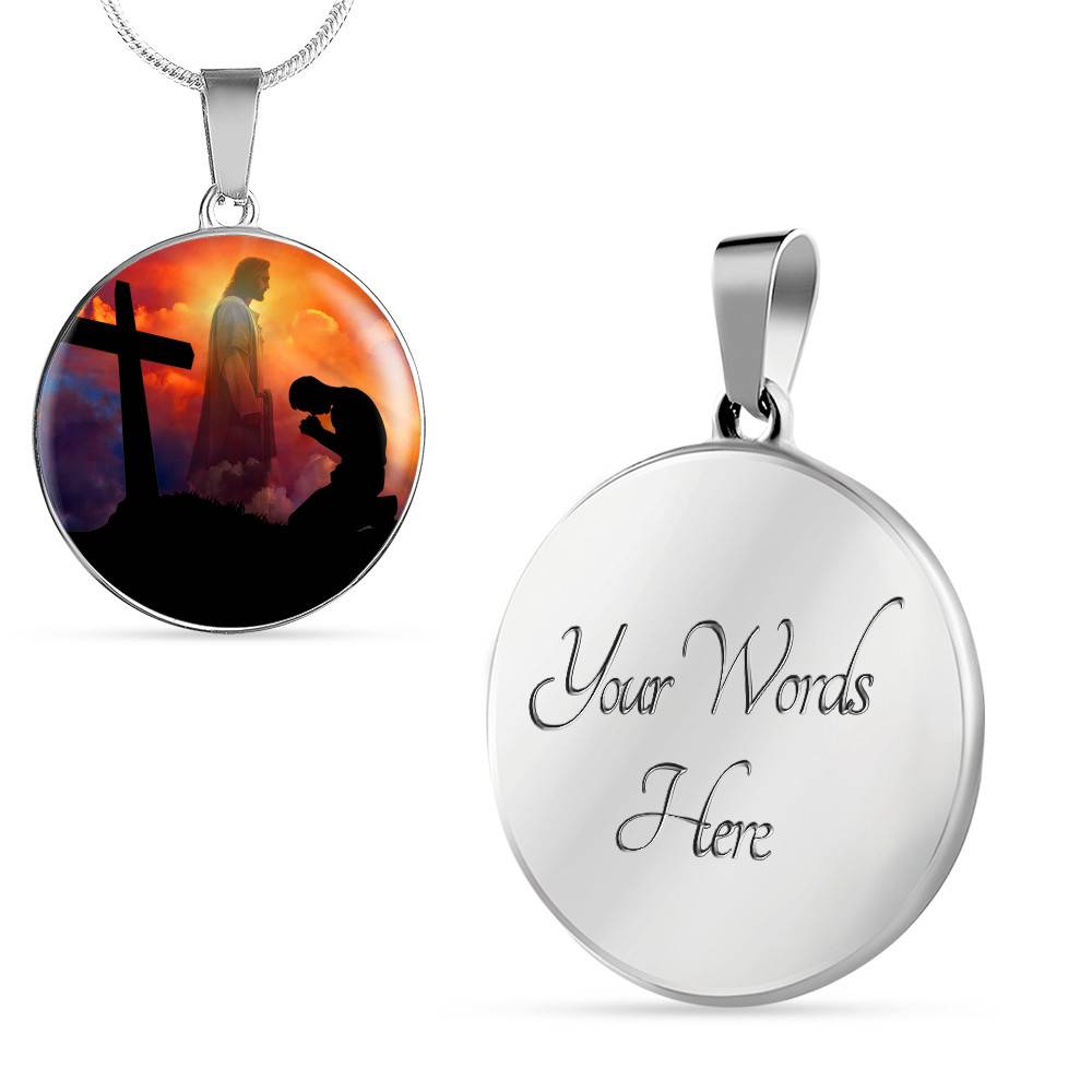 Men Kneeling Before Jesus Cross Christian Circle Pendant Necklace - Bangle