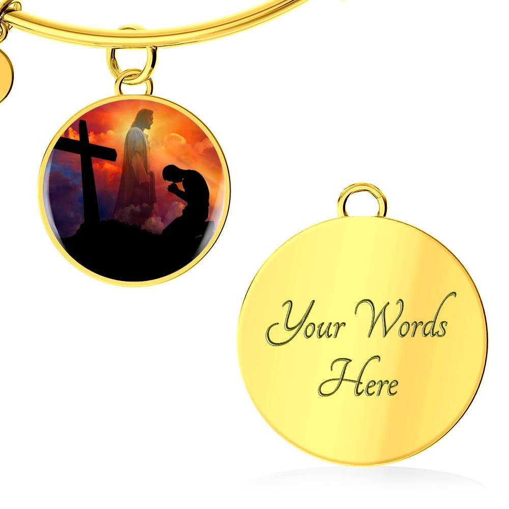 Men Kneeling Before Jesus Cross Christian Circle Pendant Necklace - Bangle