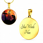 Men Kneeling Before Jesus Cross Christian Circle Pendant Necklace - Bangle