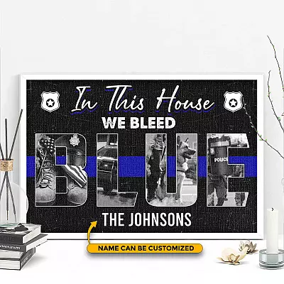 Personalized US Police In This House We Bleed Blue Framed Canvas - Unframed Poster Gift For Police Family