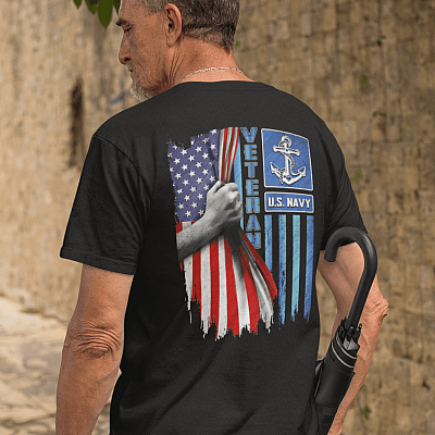 Alternative view of US Navy Veteran American Flag Print On Back Only T- shirt - Navy Veteran Patriotic Shirt