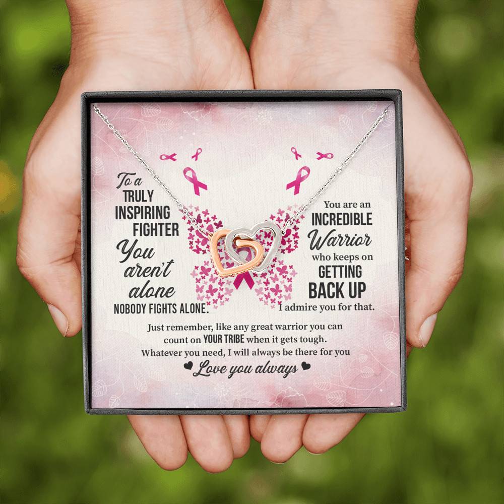 To A Truly Inspiring Fighter Interlocking Hearts Pendant Necklace - Breast Cancer Warrior Gift
