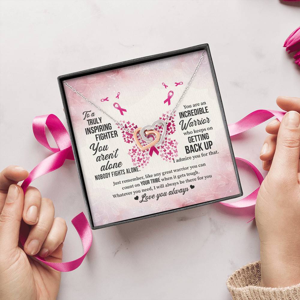 To A Truly Inspiring Fighter Interlocking Hearts Pendant Necklace - Breast Cancer Warrior Gift