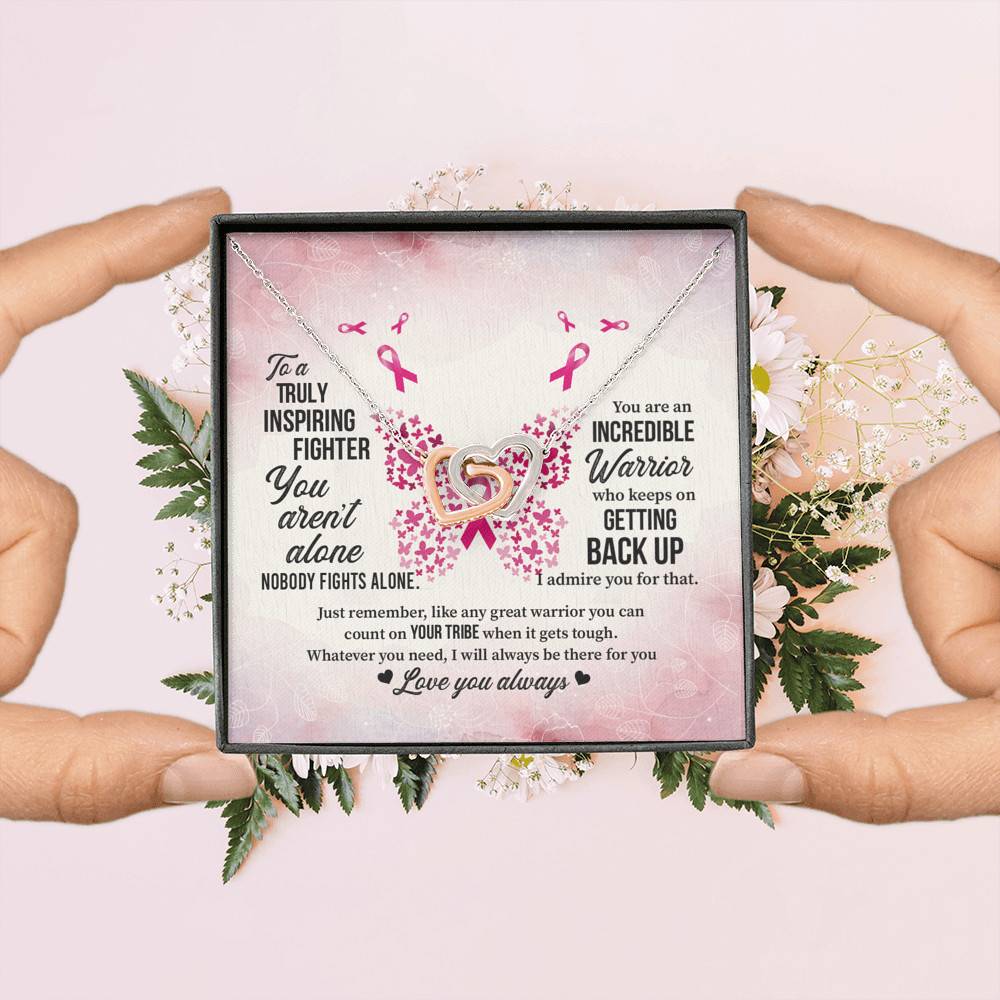 To A Truly Inspiring Fighter Interlocking Hearts Pendant Necklace - Breast Cancer Warrior Gift