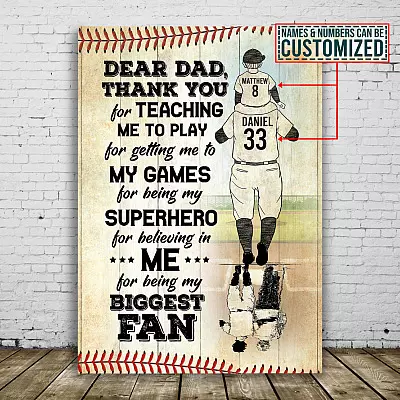 Personalized Baseball Dear Dad Thank You For Teaching Me To Play From Son Framed Canvas Prints - Unframed Poster