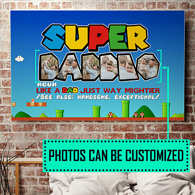 Personalized Photo Super Daddio Funny Daddy Father Nerdy Video Gaming Custom Framed Canvas Unframed Poster