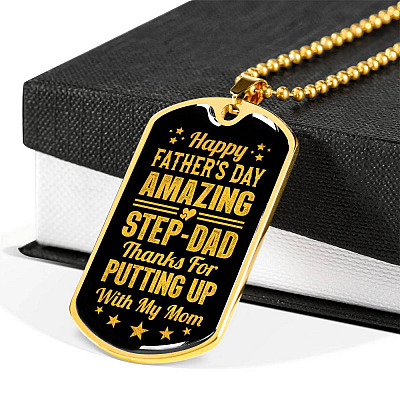 Happy Father's Day Amazing Step-Dad Thanks for Putting up With My Mom Dog Tag Pendant Necklace - Gifts for Dad