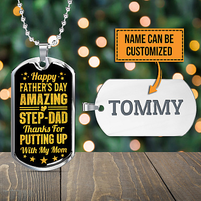 Alternative view of Happy Father's Day Amazing Step-Dad Thanks for Putting up With My Mom Dog Tag Pendant Necklace - Gifts for Dad
