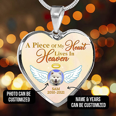 Personalized Photo A Piece Of My Heart Lives In Heaven In Memory Of Puppy Dog Dad Mom Heart Pendant Necklace - Bangle