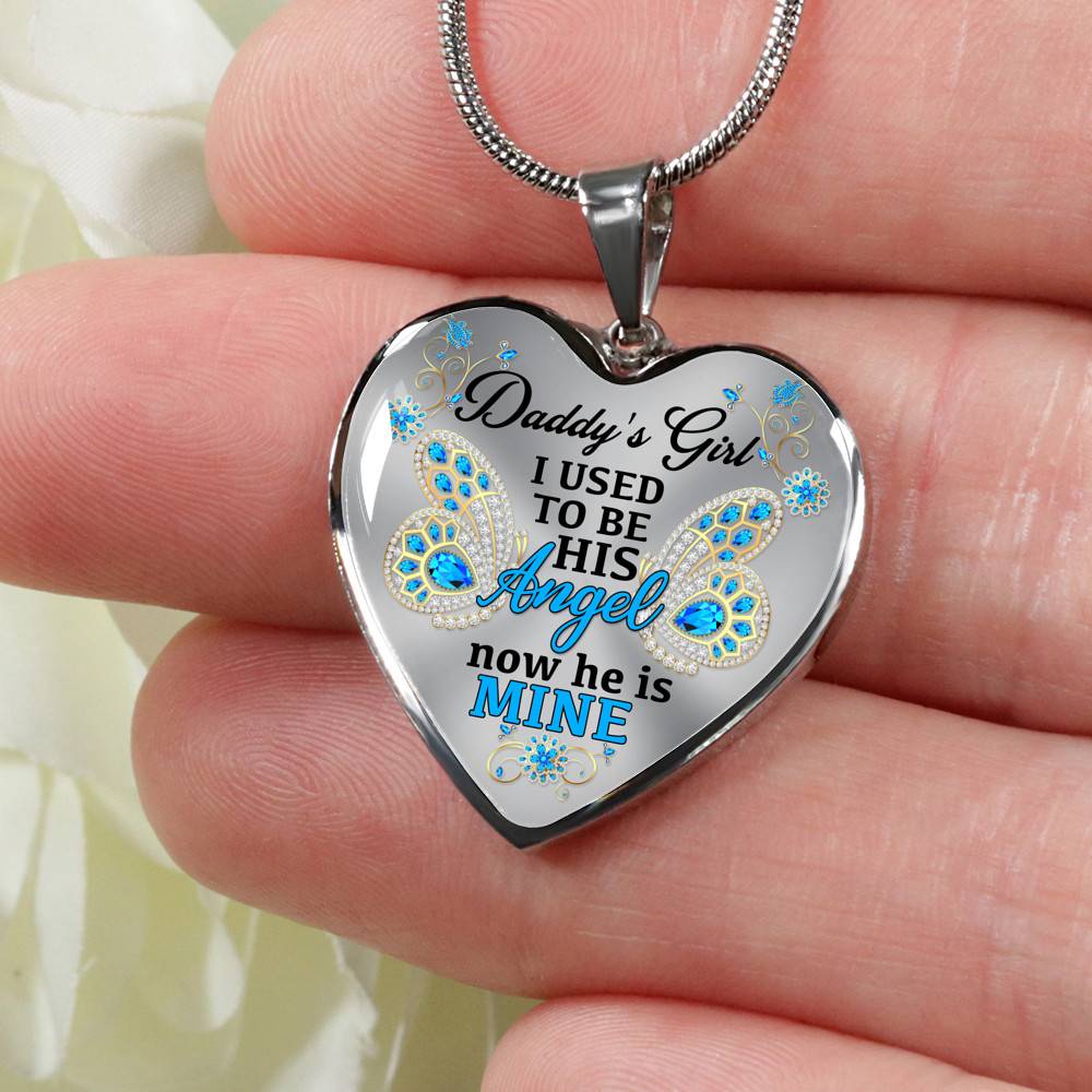 Blue Butterfly Daddy's Girl I Used to Be His Angel Now He's Mine Memorial Heart Pendant Necklace - Bangle