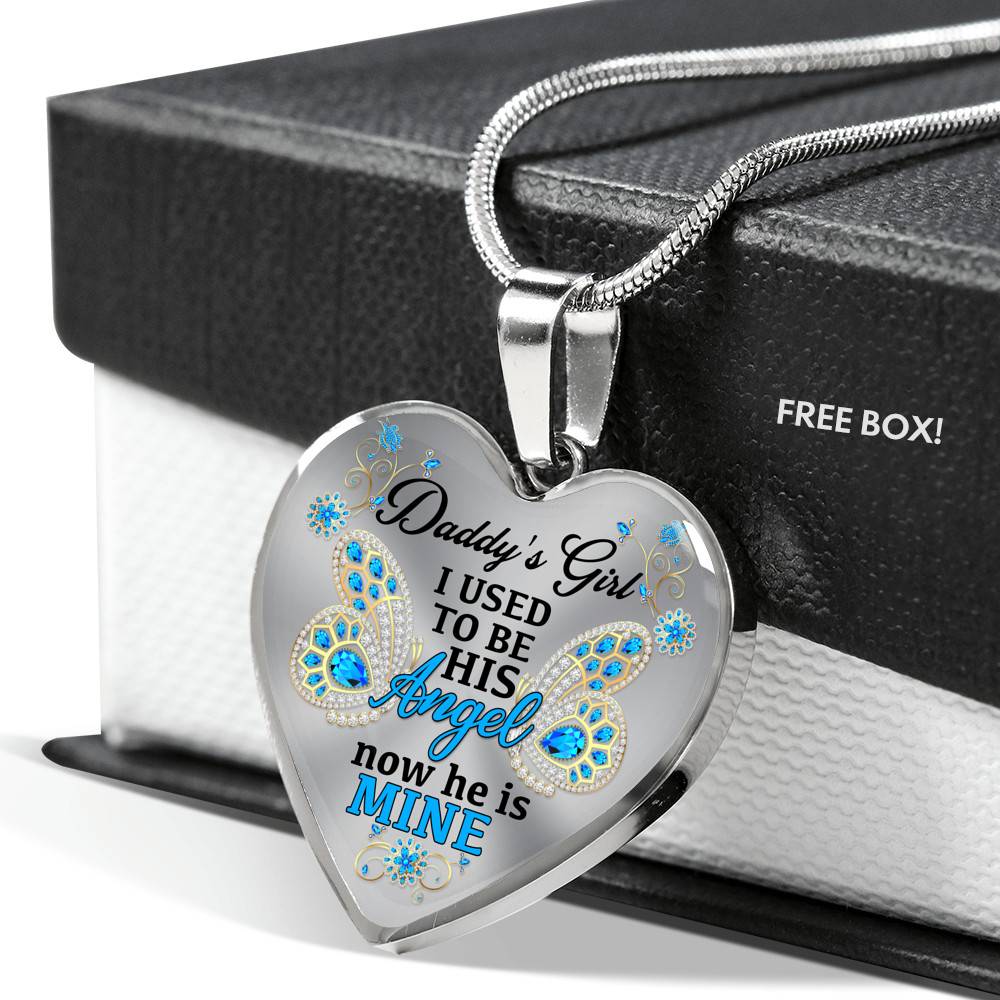 Blue Butterfly Daddy's Girl I Used to Be His Angel Now He's Mine Memorial Heart Pendant Necklace - Bangle