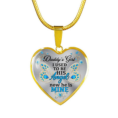 Blue Butterfly Daddy's Girl I Used to Be His Angel Now He's Mine Memorial Heart Pendant Necklace - Bangle
