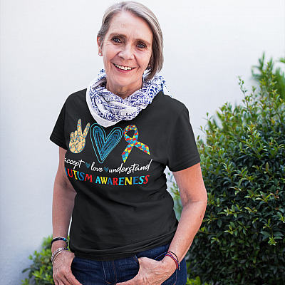 Alternative view of Peace Love Accept Understand Autism Awareness T-shirt - V-neck - Proud Autism Mom Shirt