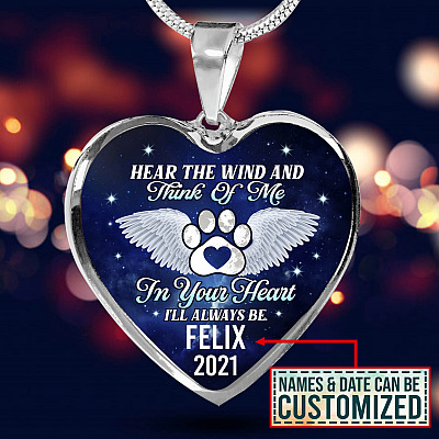 Personalized Hear the Wind and Think of Me Pet Dog Cat Heart Pendant Necklace