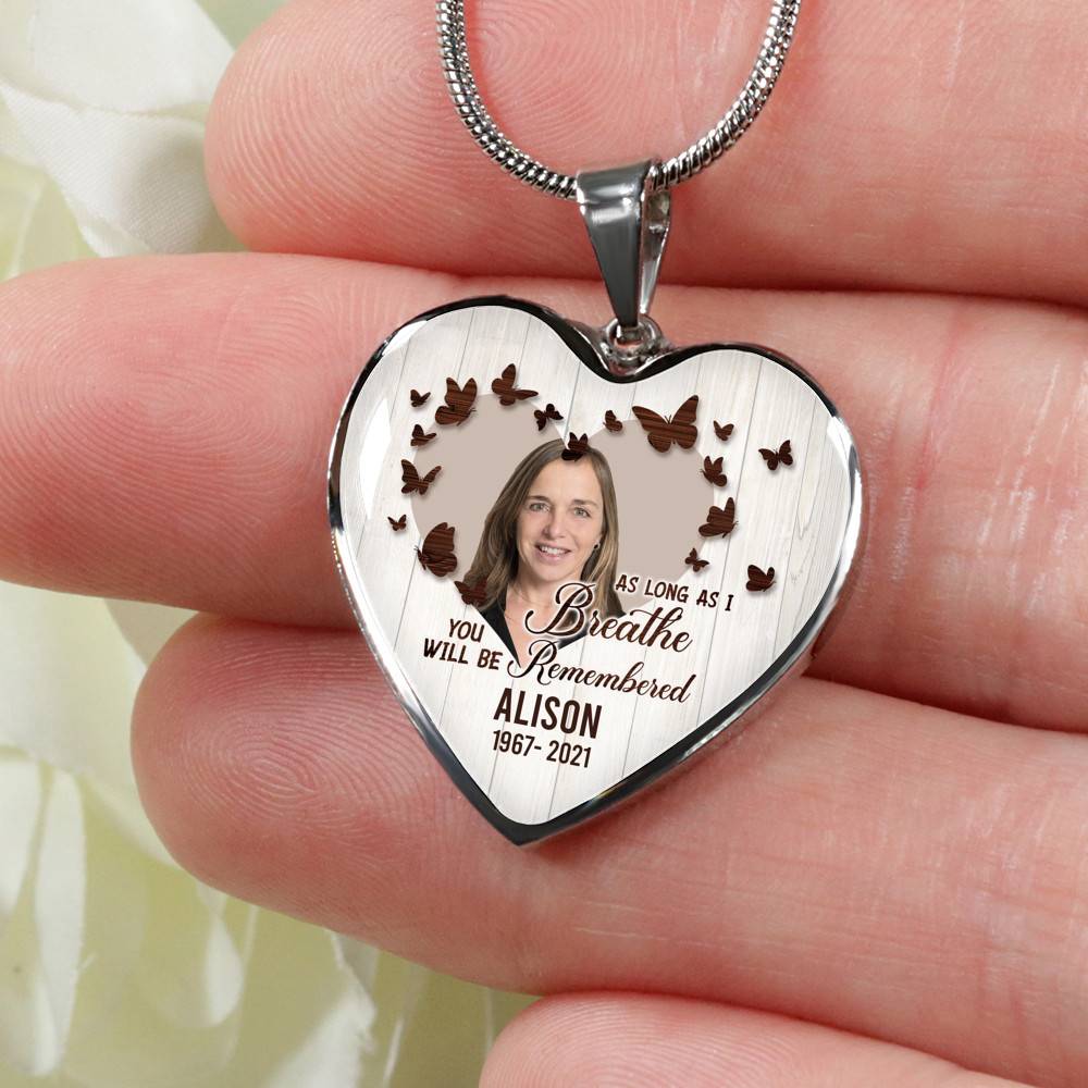 Personalized Photo In Loving Memory As Long As I Breathe You Will Be Remember Heart Pendant Necklace - Bangle