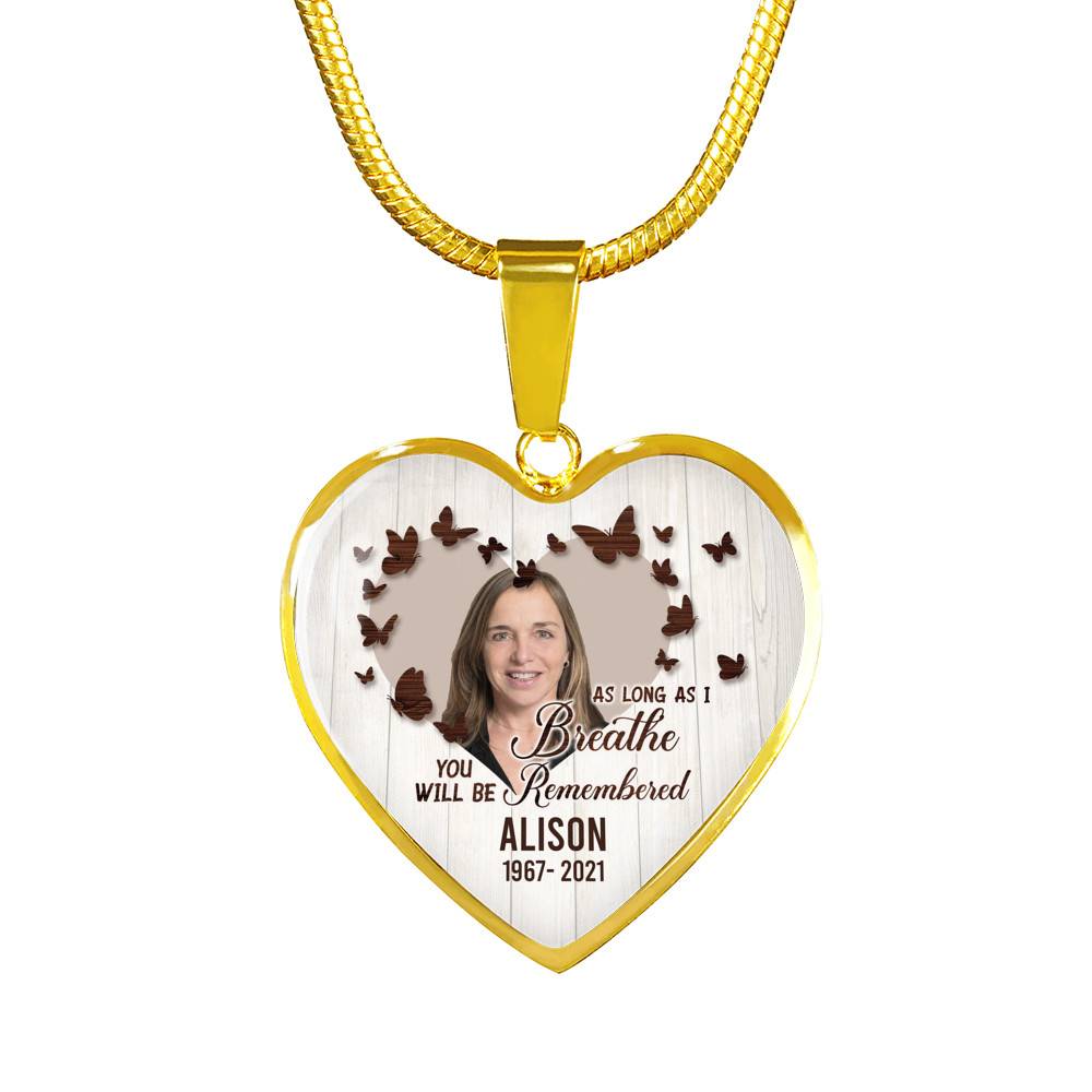 Personalized Photo In Loving Memory As Long As I Breathe You Will Be Remember Heart Pendant Necklace - Bangle