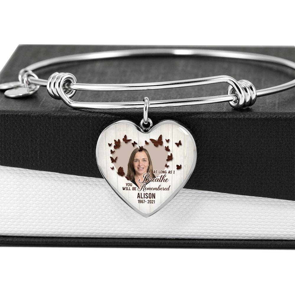 Personalized Photo In Loving Memory As Long As I Breathe You Will Be Remember Heart Pendant Necklace - Bangle