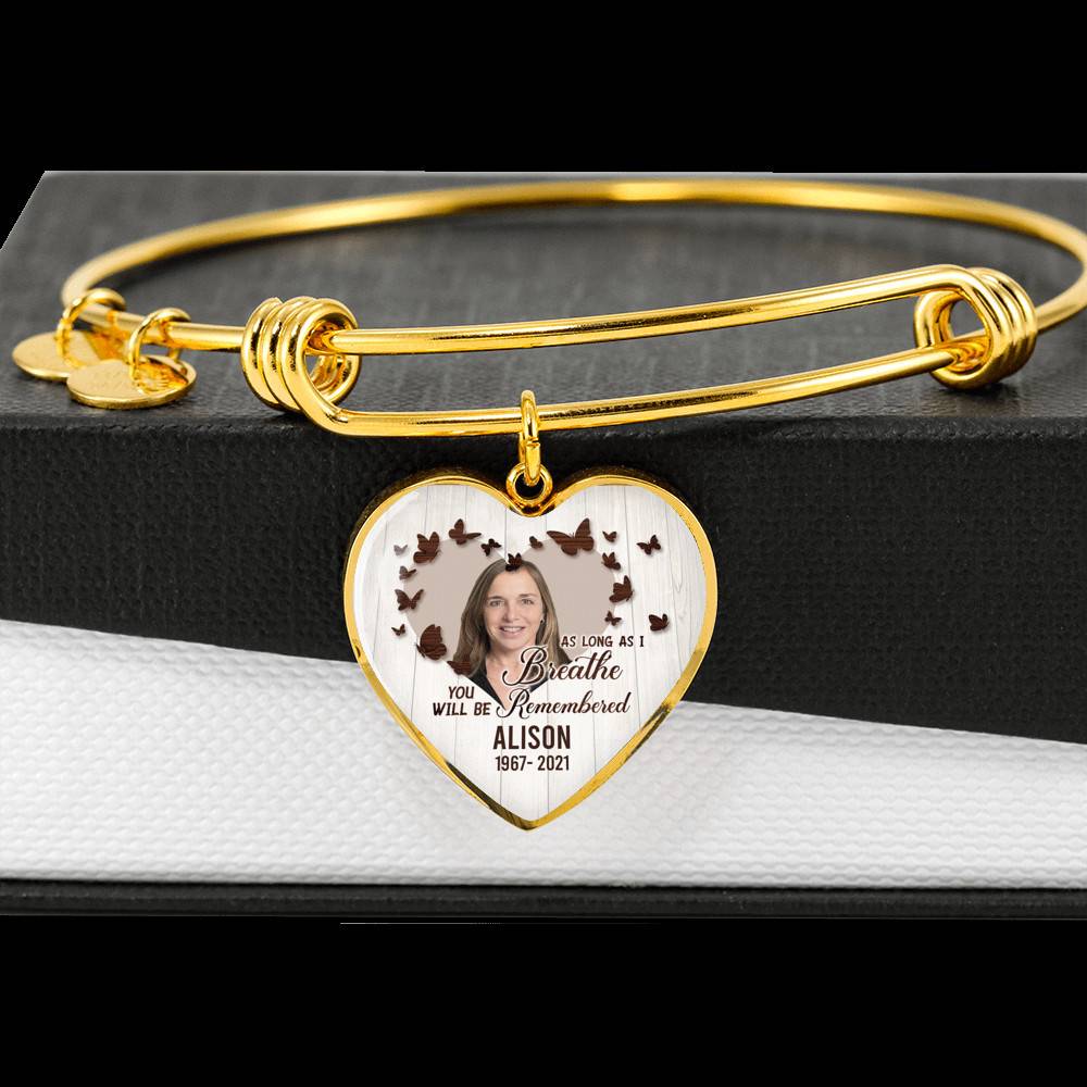 Personalized Photo In Loving Memory As Long As I Breathe You Will Be Remember Heart Pendant Necklace - Bangle