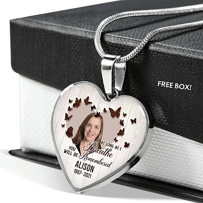 Personalized Photo In Loving Memory As Long As I Breathe You Will Be Remember Heart Pendant Necklace - Bangle
