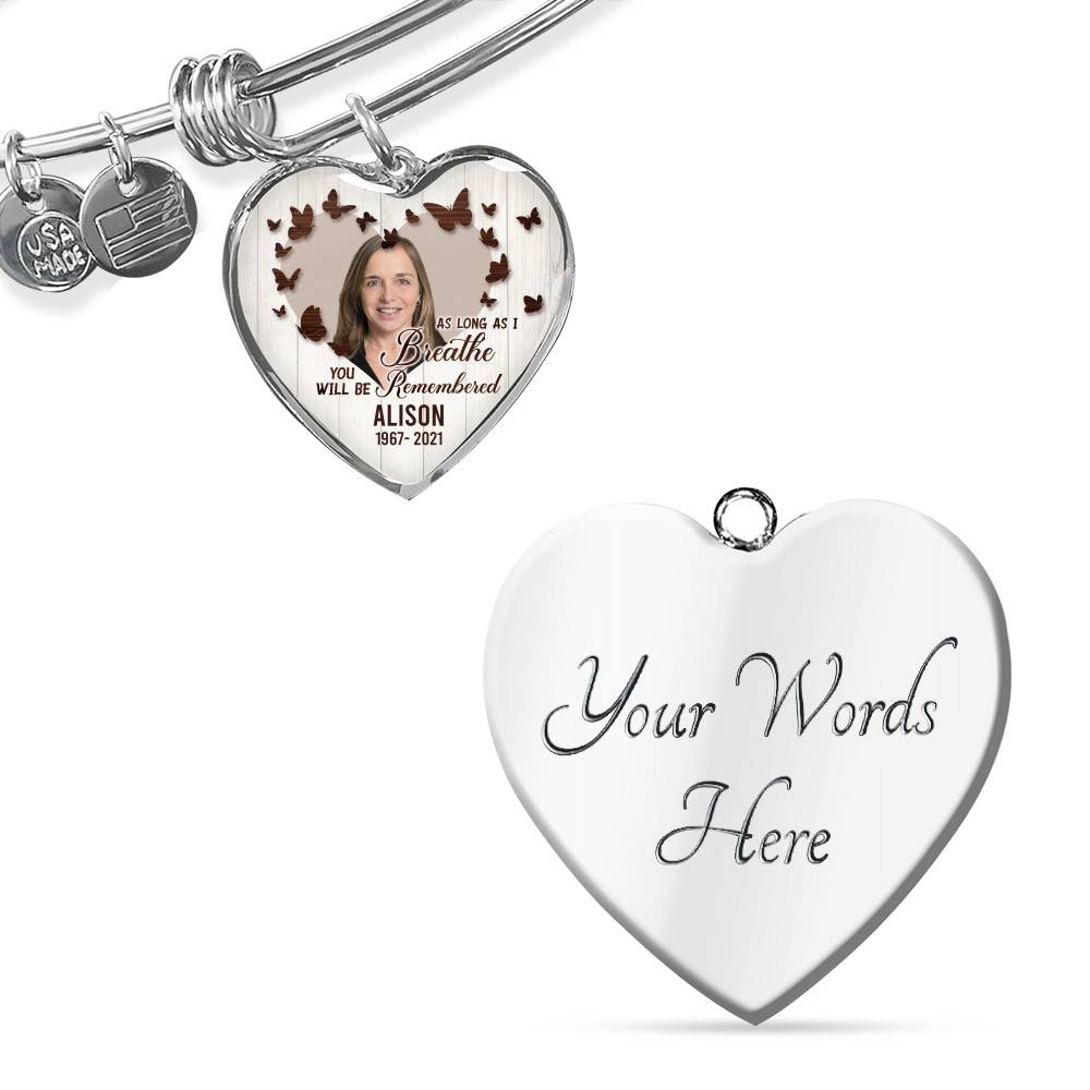 Personalized Photo In Loving Memory As Long As I Breathe You Will Be Remember Heart Pendant Necklace - Bangle