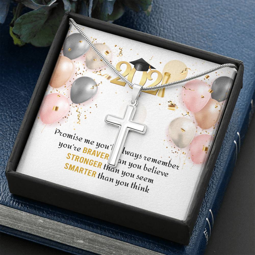 You're Braver Than You Believe Stronger Than You Seem Artisan Crafted Cross Necklace - Graduation Gift