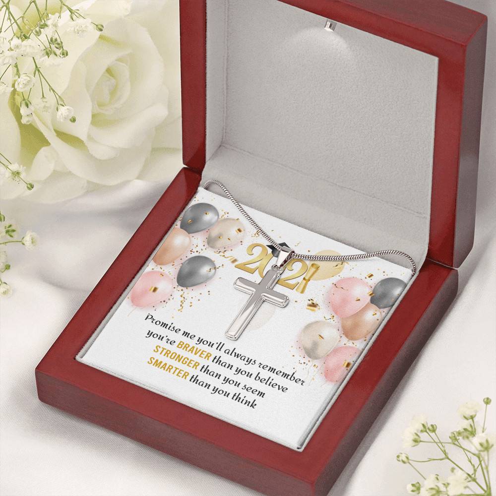 You're Braver Than You Believe Stronger Than You Seem Artisan Crafted Cross Necklace - Graduation Gift