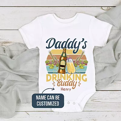 Personalized Daddy's Drinking Buddy Vintage Funny Baby Onesie - Toddler Infant Bodysuit