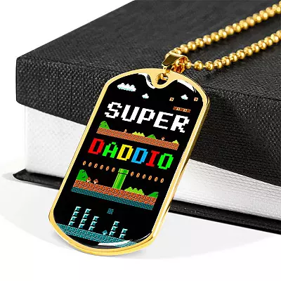 Super Daddio Dog Tag Pendant Necklace - Funny Gaming Dad Gift