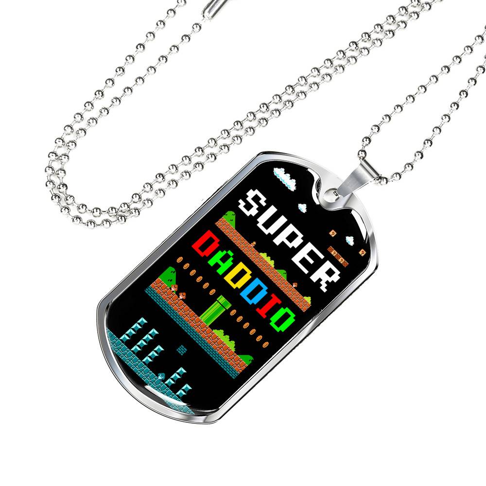 Super Daddio Dog Tag Pendant Necklace - Funny Gaming Dad Gift