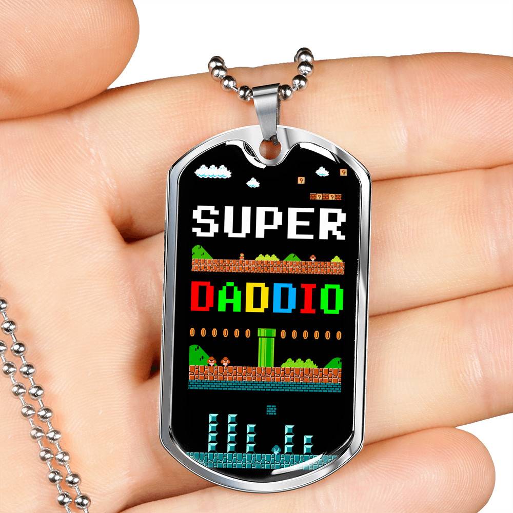 Super Daddio Dog Tag Pendant Necklace - Funny Gaming Dad Gift