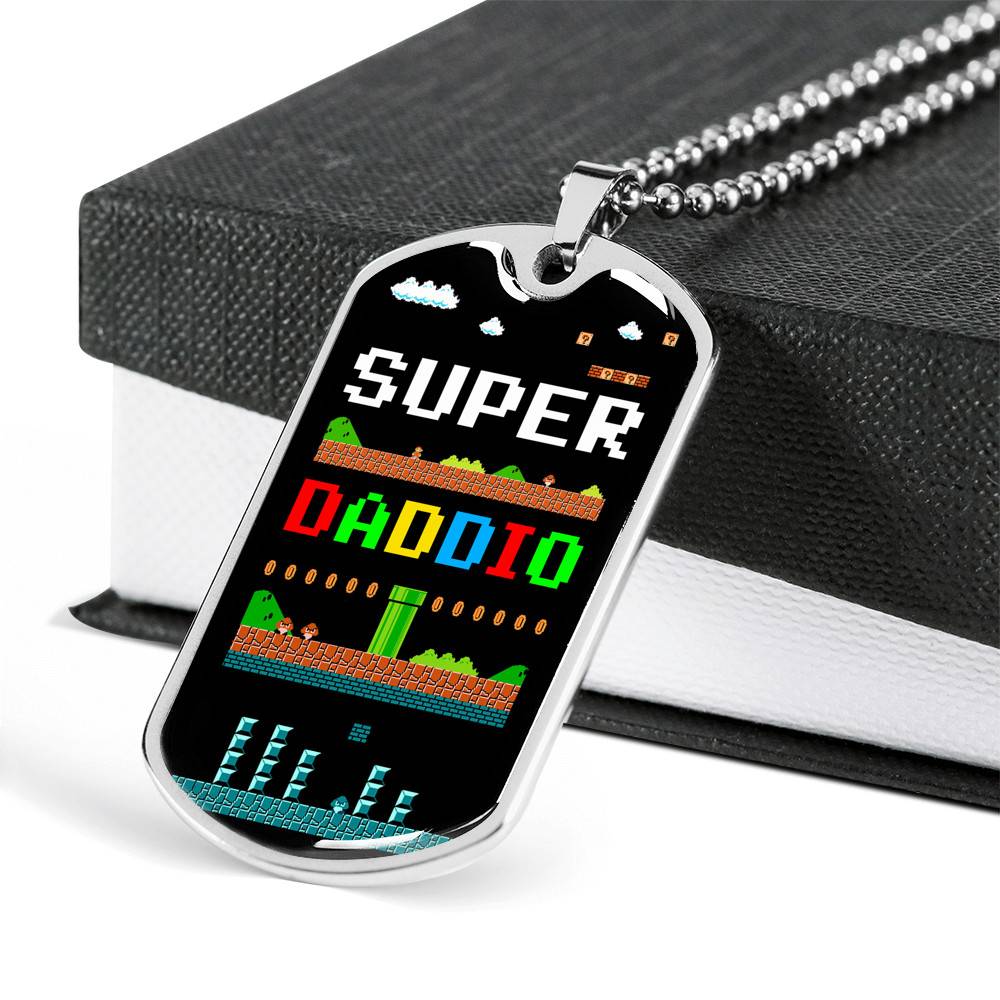 Super Daddio Dog Tag Pendant Necklace - Funny Gaming Dad Gift