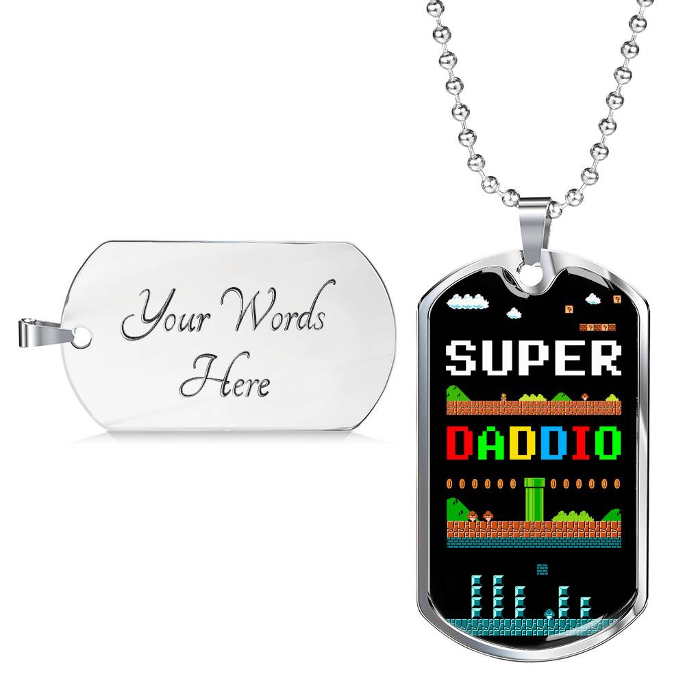 Super Daddio Dog Tag Pendant Necklace - Funny Gaming Dad Gift