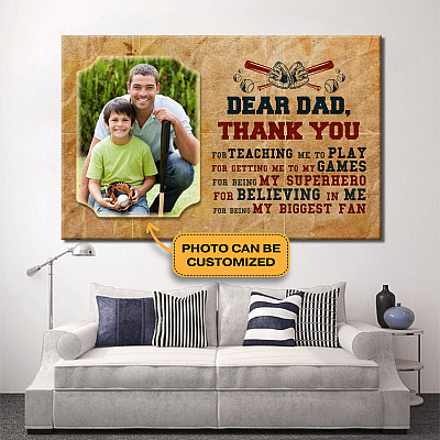 Personalized Custom Photo Baseball Dear Dad Thank You For Teaching Me To Play Framed Canvas - Unframed Poster