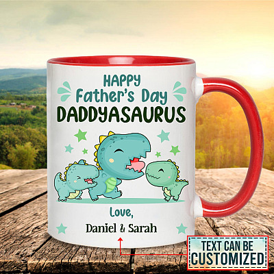 Personalized Happy Father's Day Daddyasaurus Accent Mug - Funny Father's Day Gift