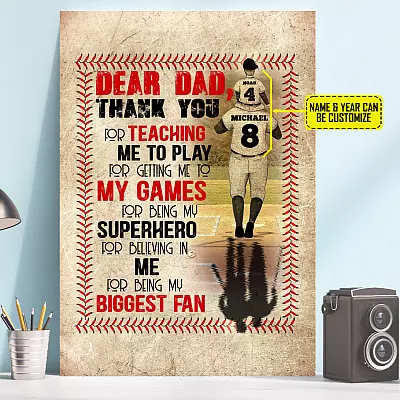 Personalized Dear Dad Thank you For Teaching Me Baseball Framed Canvas - Poster - Funny Baseball Dad Home Decor