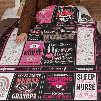 Nurse Gift Sleep All Day Nurse All Night Fleece Blanket - Premium Sherpa Blanket - Woven Blanket
