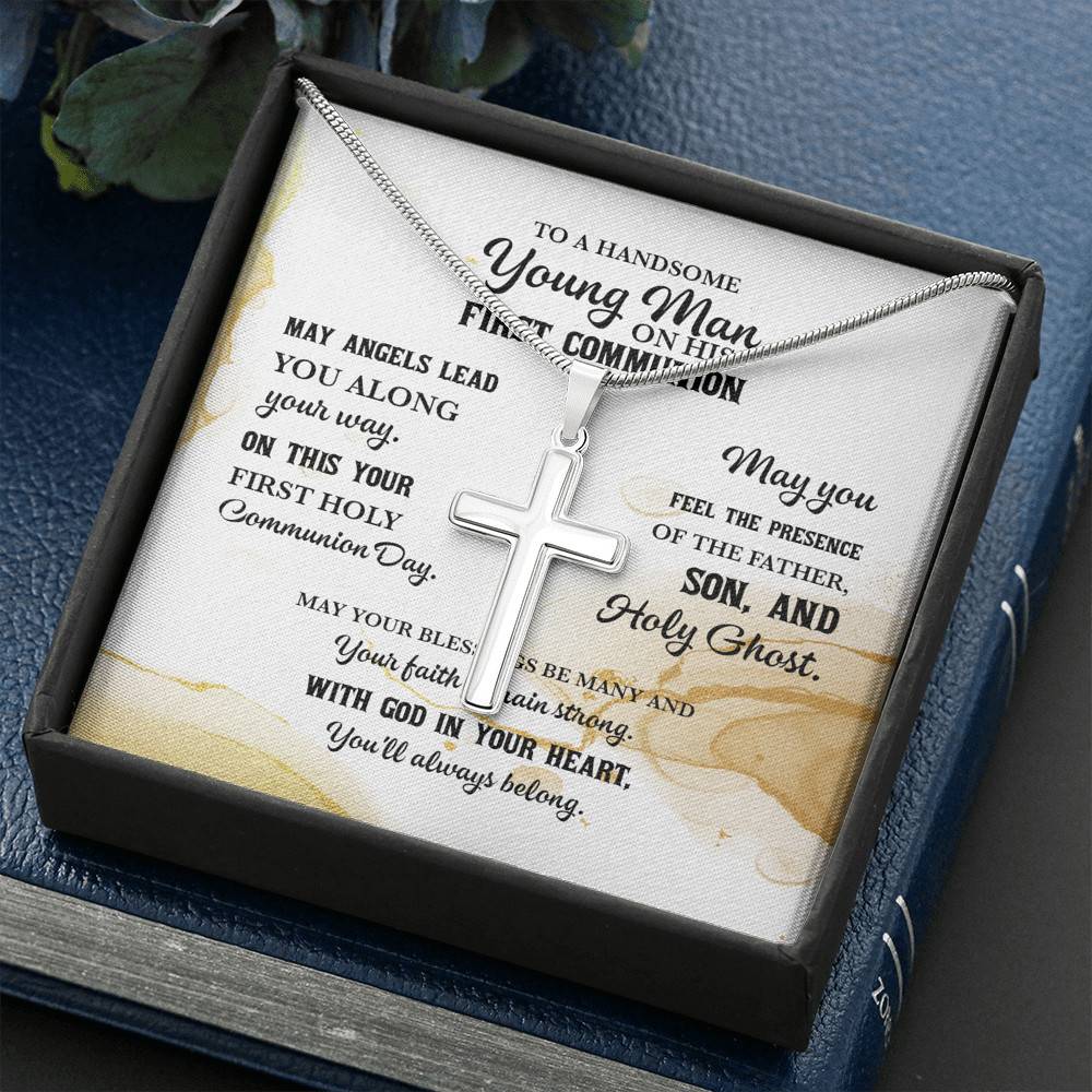 To A Handsome Young Man On His First Communion Artisan Crafted Cross Necklace - First Holy Communion Gifts For Boy