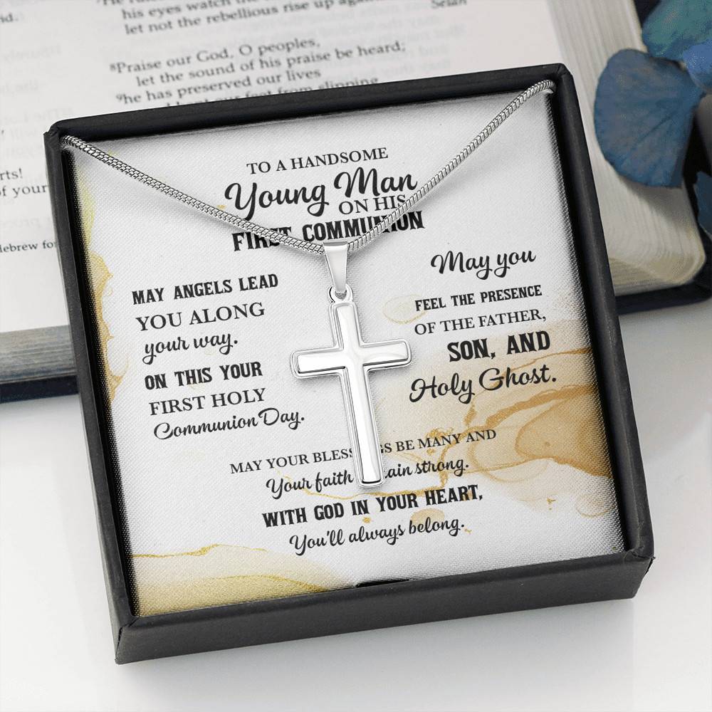 To A Handsome Young Man On His First Communion Artisan Crafted Cross Necklace - First Holy Communion Gifts For Boy