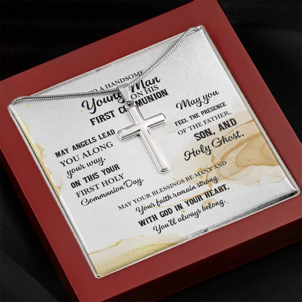 To A Handsome Young Man On His First Communion Artisan Crafted Cross Necklace - First Holy Communion Gifts For Boy