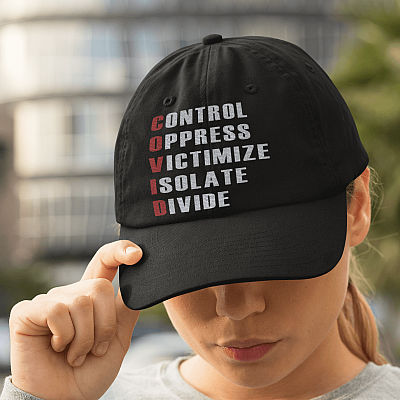 Alternative view of C-O-V-I-D Control Oppress Victimize Isolate Divide Twill Cap - High-Profile Snapback Hat - Trucker Hat